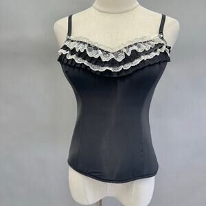 Cacique Black and Gold Lace Bustier Corset Bra Top Size 38C Velvet‎ Trim Goth